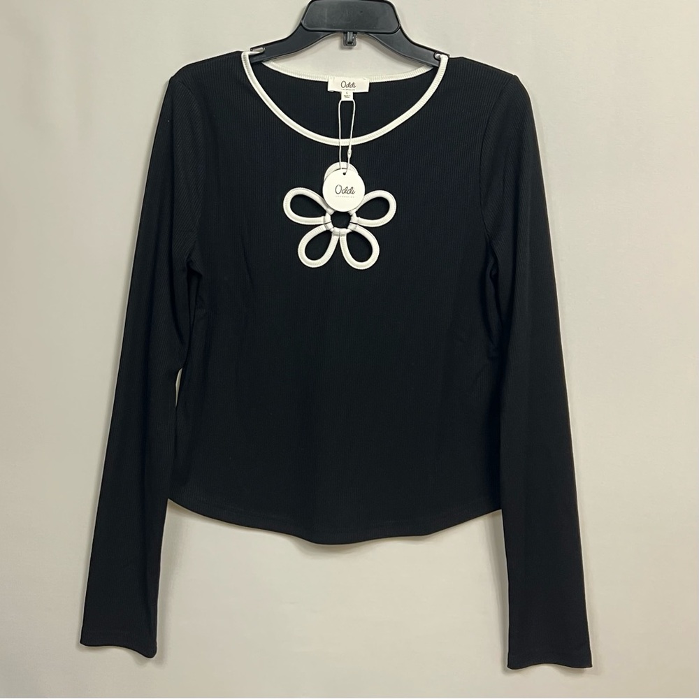 CAbi Elegant Black Long Sleeve Top with White Accents